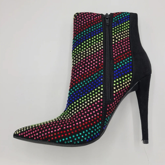 JustFab Black Rainbow Rhinestone Embellished Pointed Toe Stiletto Boots 8 - Picture 7 of 16